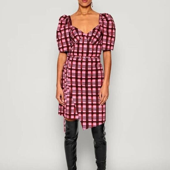 BAUM UND PFERDGARTEN Women 32 US 2 Arvia Dress Pink Plaid Mini Asymmetrical NEW - Picture 2 of 9